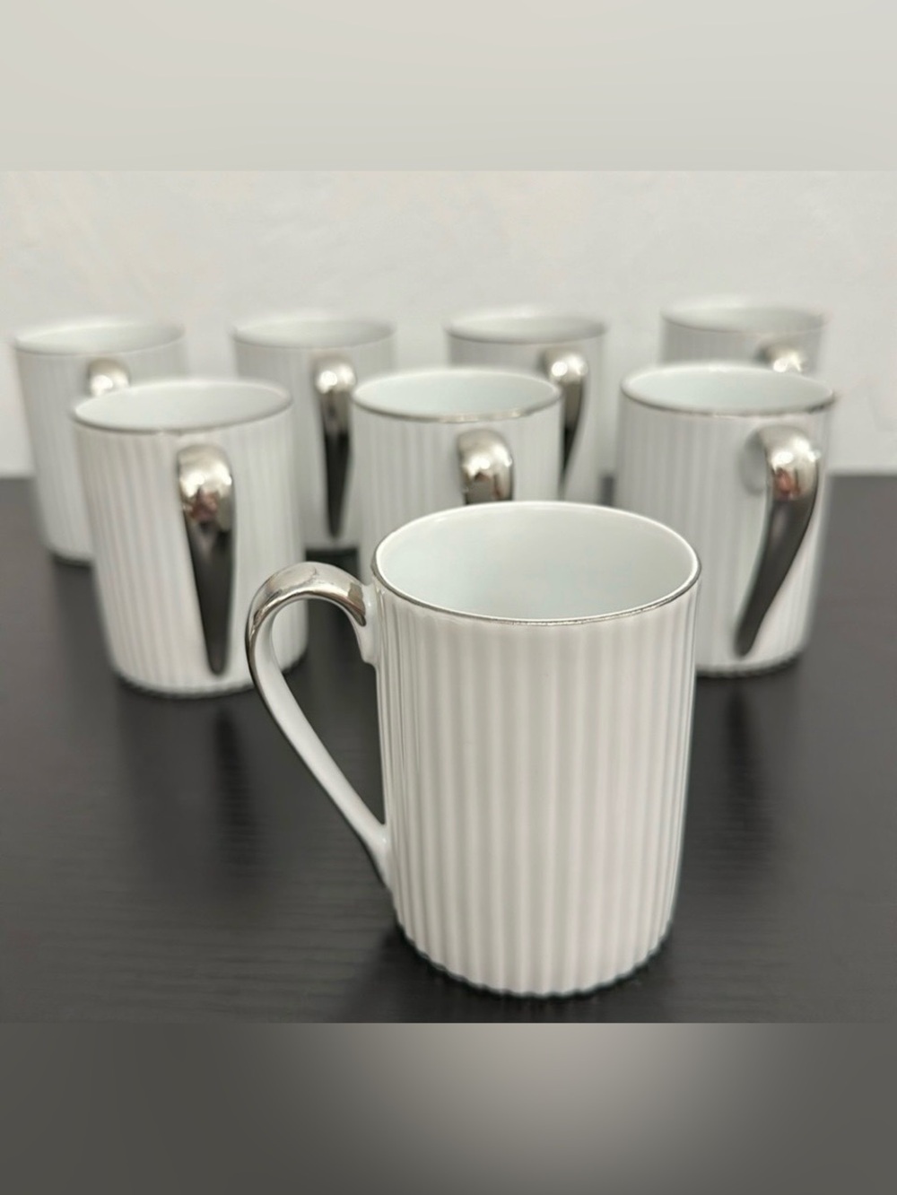 8 Vintage Ucagco White Ribbed Porcelain Silver Trim Demitasse Tea Cups